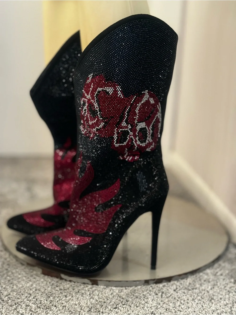 Black and Red Crystal Skull Flame Stiletto Boots . New without original box.